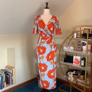 Maggy London Floral Print Faux Wrap Midi Dress, Orange and Pale Blue, Size 4